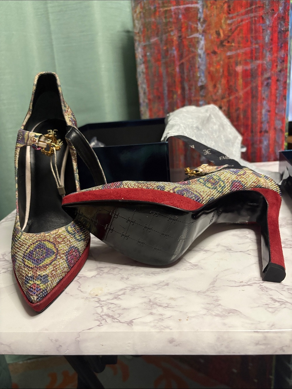 Fabi Multicolor Jeweled Pointed-Toe Mary Jane Heels - Picture 3 of 8